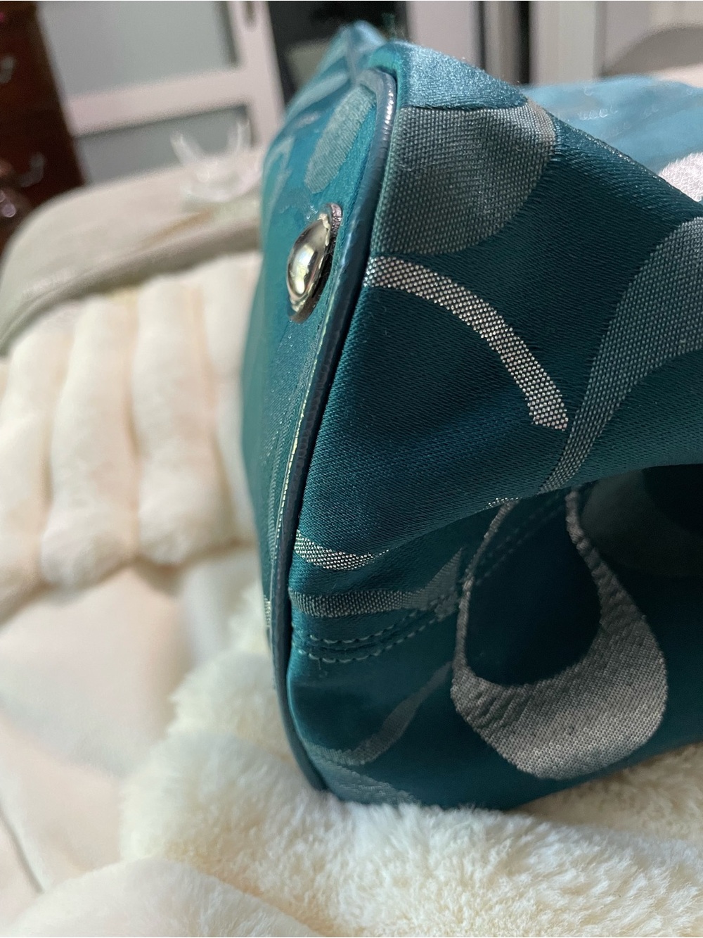 2012 Coach Kisslock in Teal and Silver Signature Jacquard Tote with Leather Trim - Picture 11 of 16